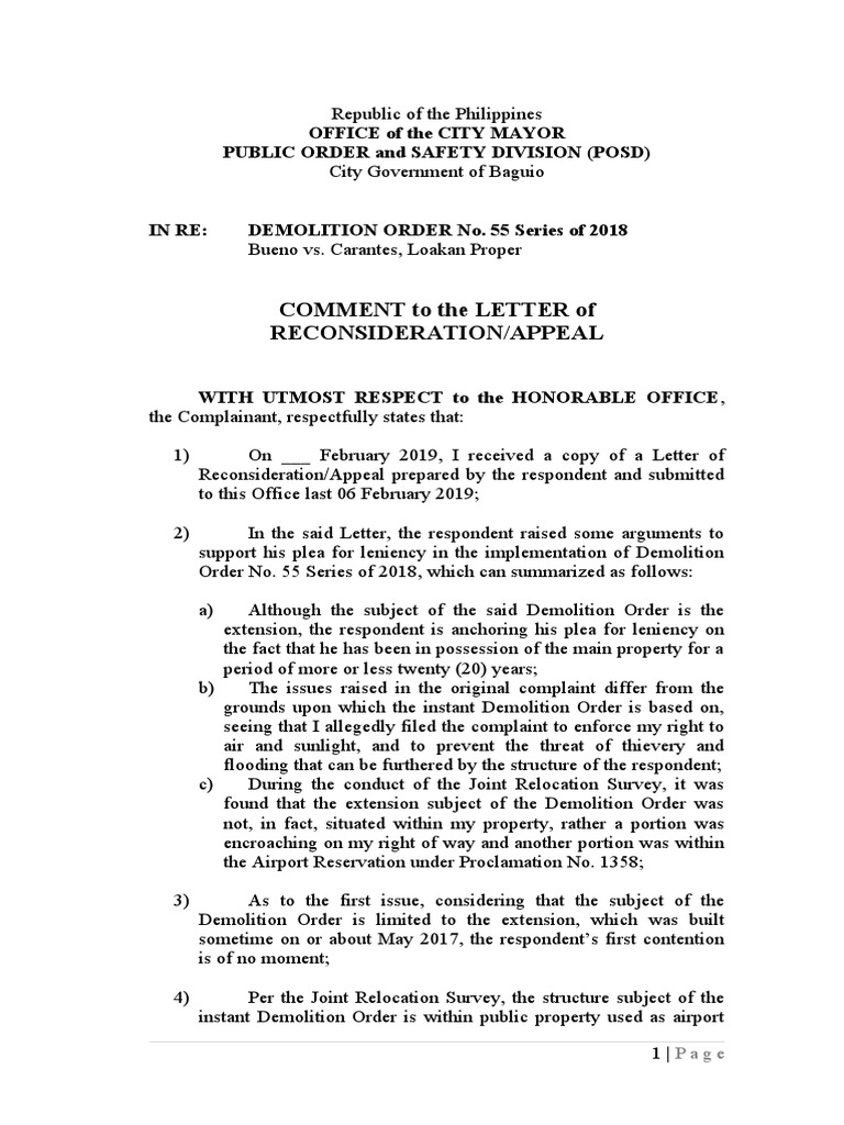 Comment To The Letter of Reconsideration/Appeal Office of The City