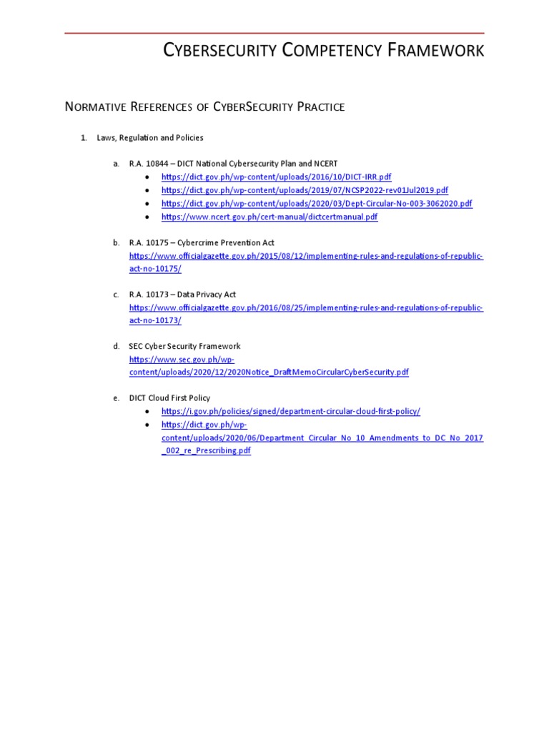 Cybersecurity Competency Framework Reference Links Pdf