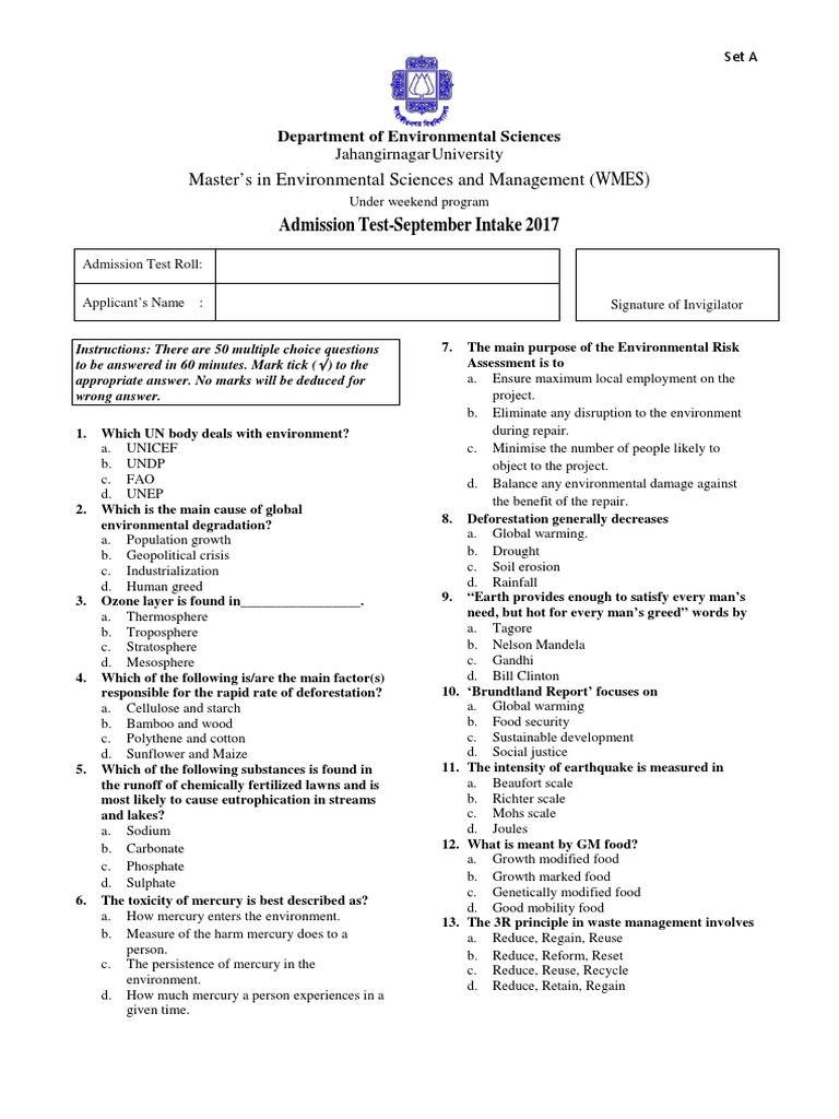 JU Masters Admission Test Questions | PDF | Greenhouse Gas | Climate Change