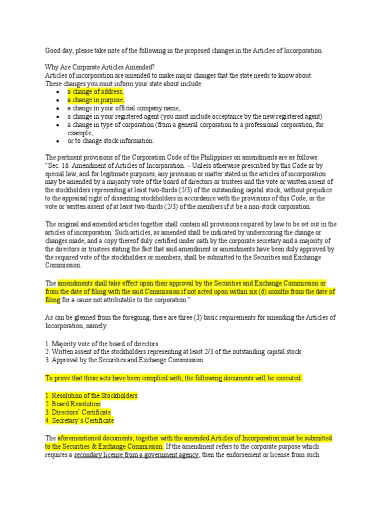 Amending Articles of Incorporation Guide | PDF | U.S. Securities And ...