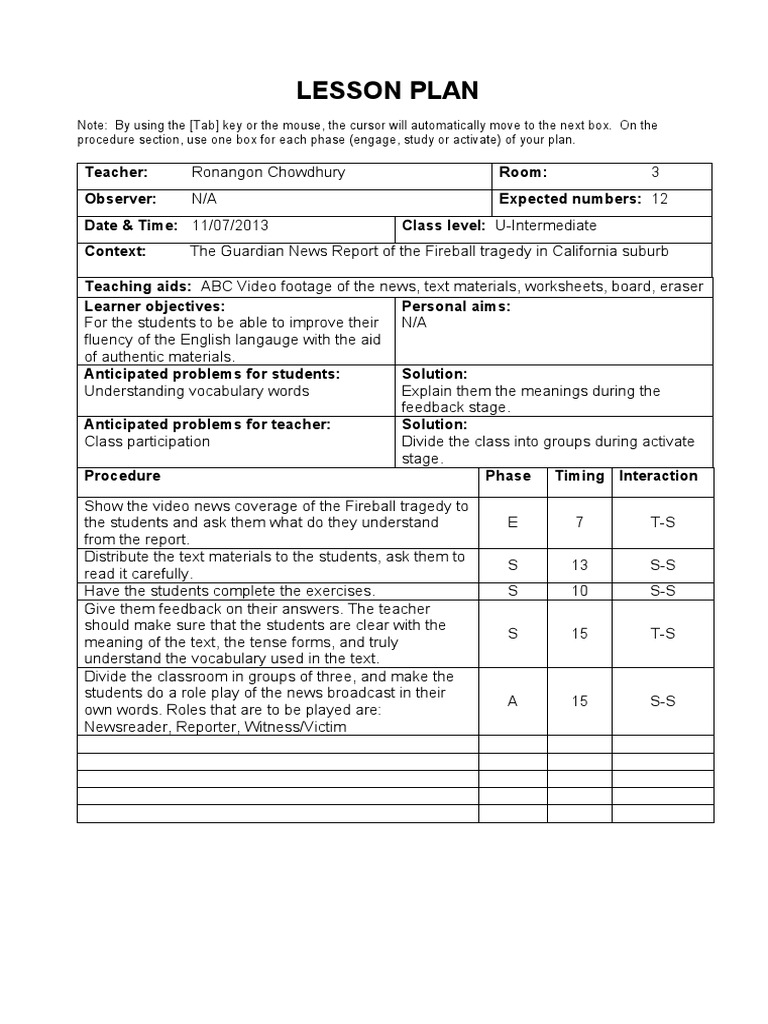 Lesson Plan: Procedure Section, Use One Box For Each Phase (Engage ... image.