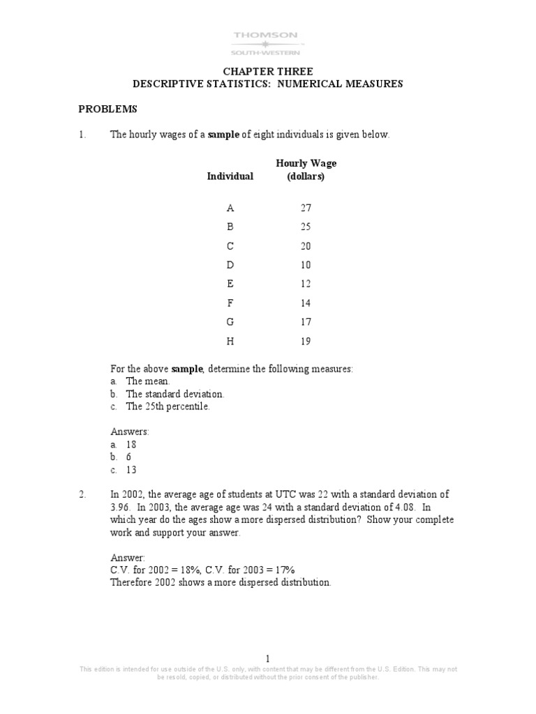 Chap 3 Problems With Answers Coefficient Of Variation Standard Deviation