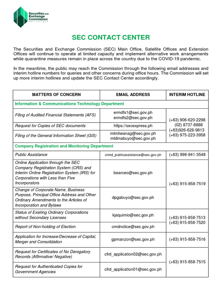 SEC Philippines Contact Information | PDF | U.S. Securities And ...