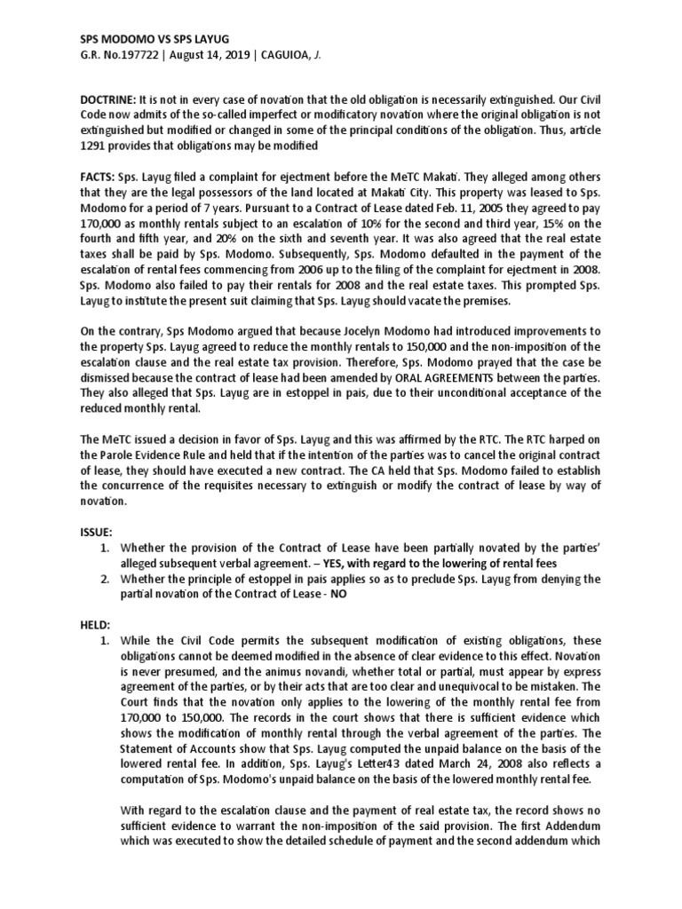 Modification of Lease Agreement: Layug vs Modomo | PDF | Estoppel | Lease
