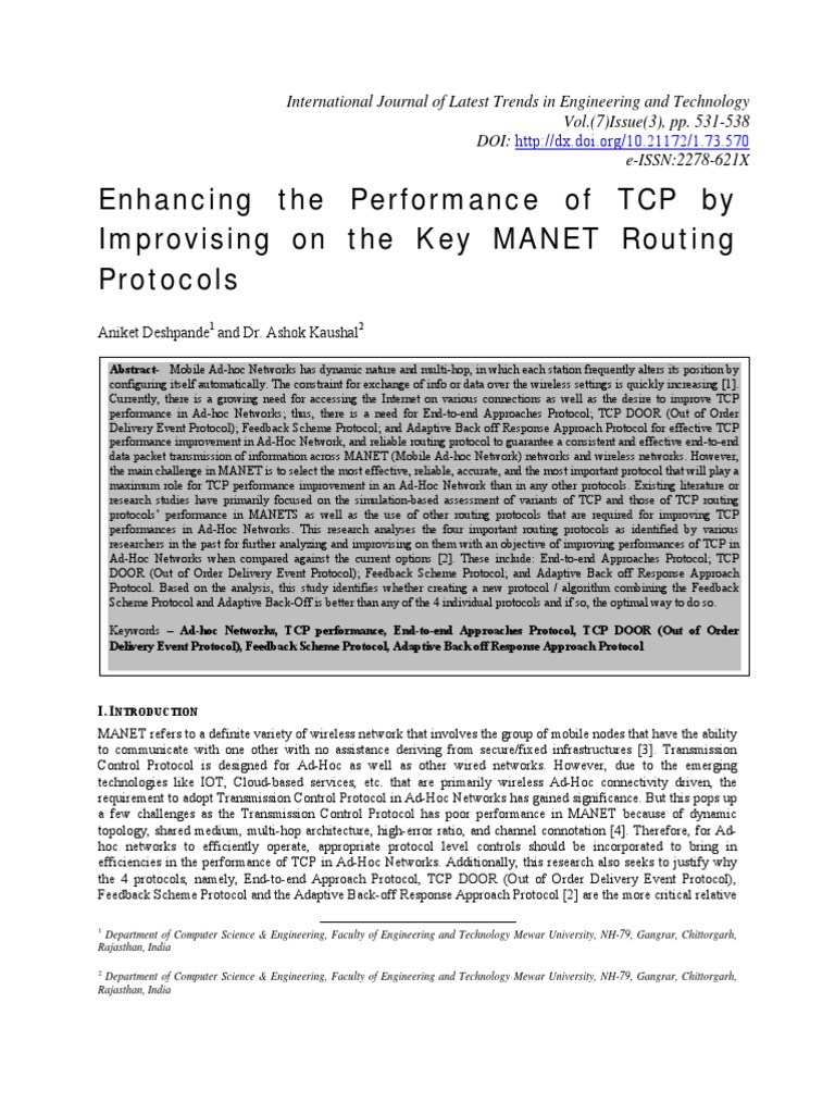 Improve TCP Performance in MANETs | PDF | Transmission Control Protocol ...
