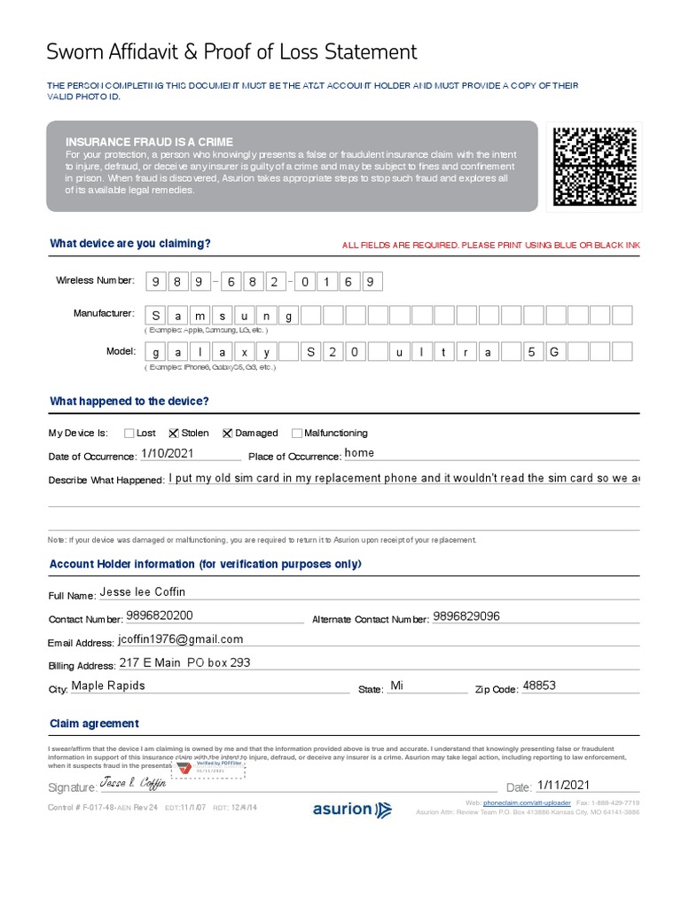 Asurion AT&T Claim Affidavit Form | PDF | Fraud | Business