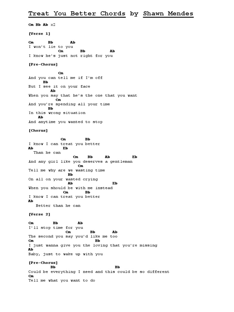 Treat You Better Chords By Shawn Mendes Cmbbabx2 Verse 1 Cm Ab Pdf Song Structure Musical Forms