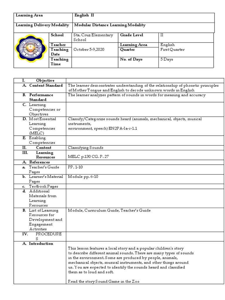 Lesson Exemplar In English Week1 Download Free Pdf Sound Learning