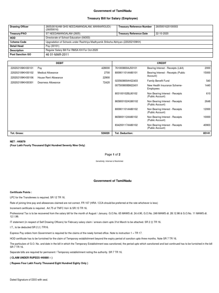 Government of Tamilnadu Treasury Bill For Salary (Employee) : Drawing ...
