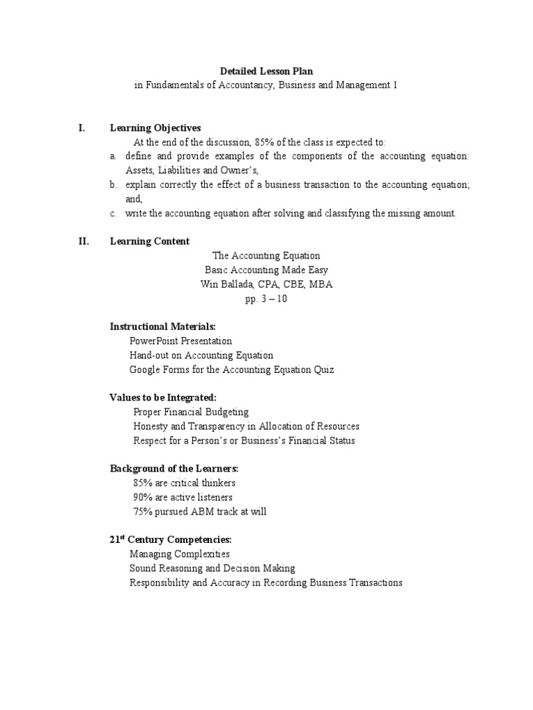 Accounting Equation Lesson Plan | PDF | Debits And Credits | Equity ...
