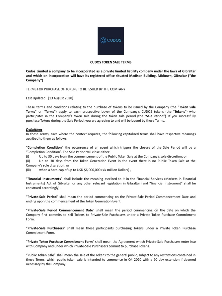 CUDOS Token Sale Terms | PDF | Arbitration | Cryptocurrency