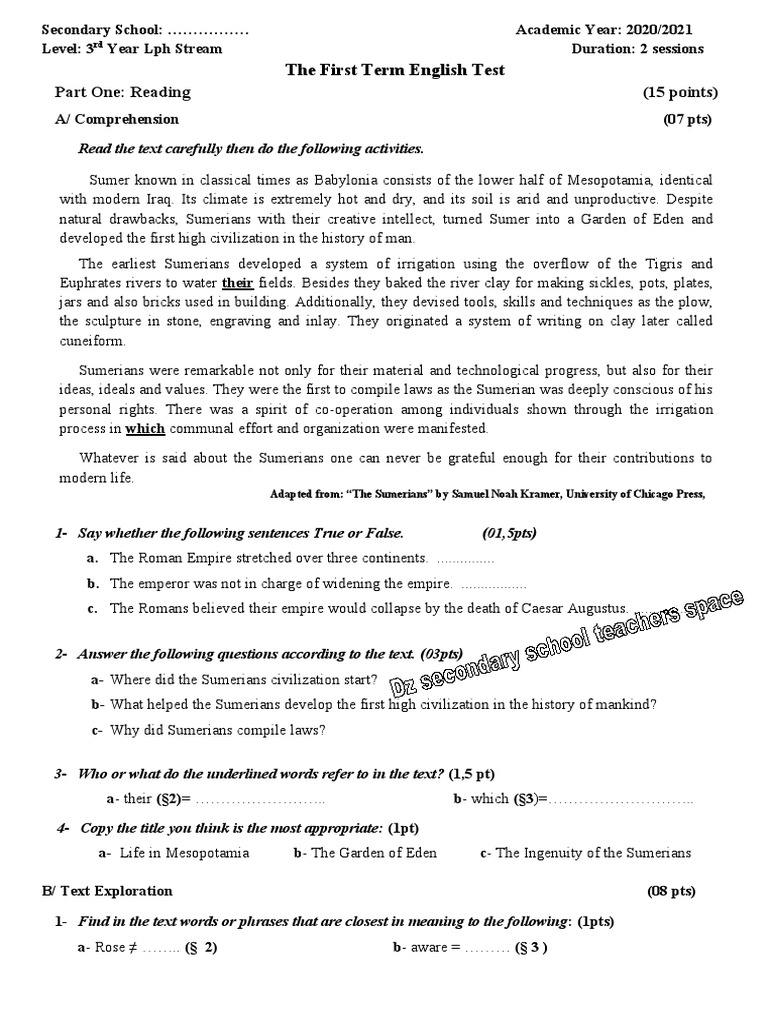 Sumerian Civilization Test | PDF | Sumer | Mesopotamia