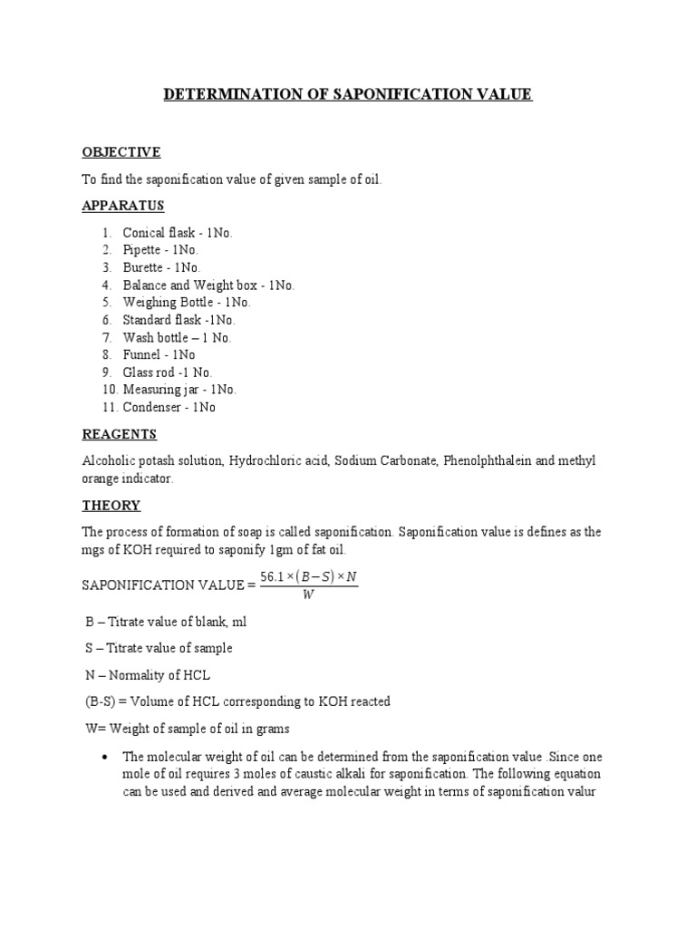 Saponification Value Determination Guide | PDF | Titration | Chemistry