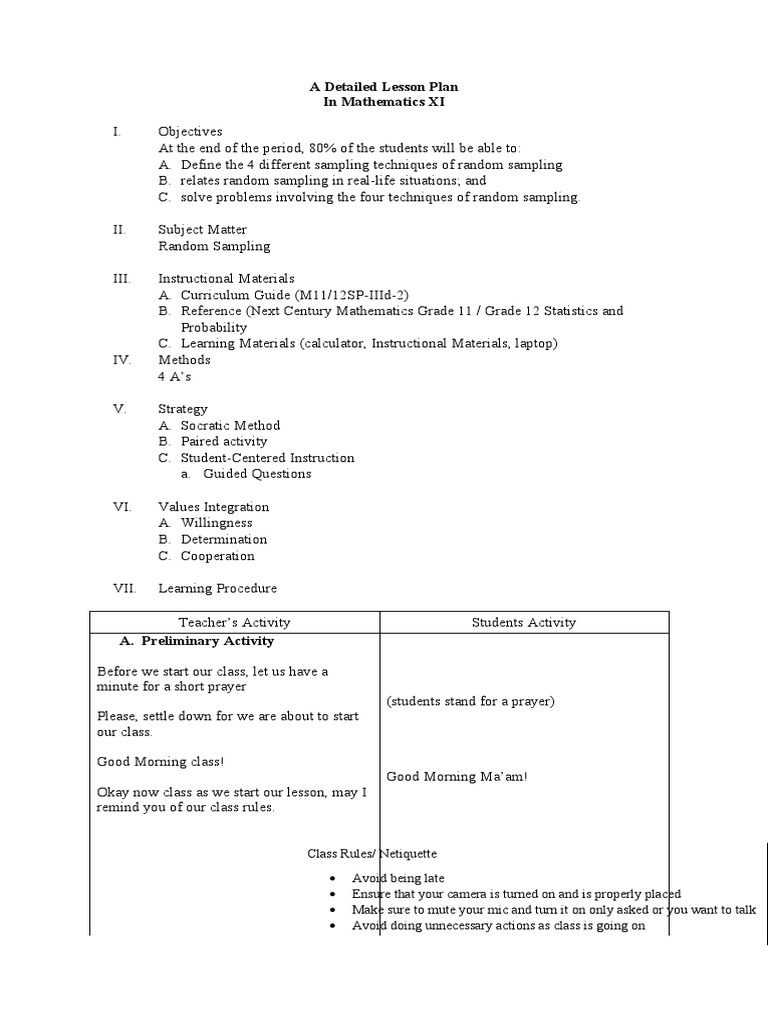 A Detailed Lesson Plan in Mathematics XI | PDF | Sampling (Statistics ...