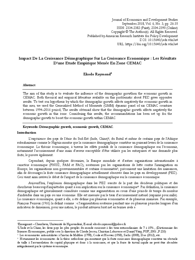 Impact de La Croissance Démographique Sur La Croissance Economique: Les ...