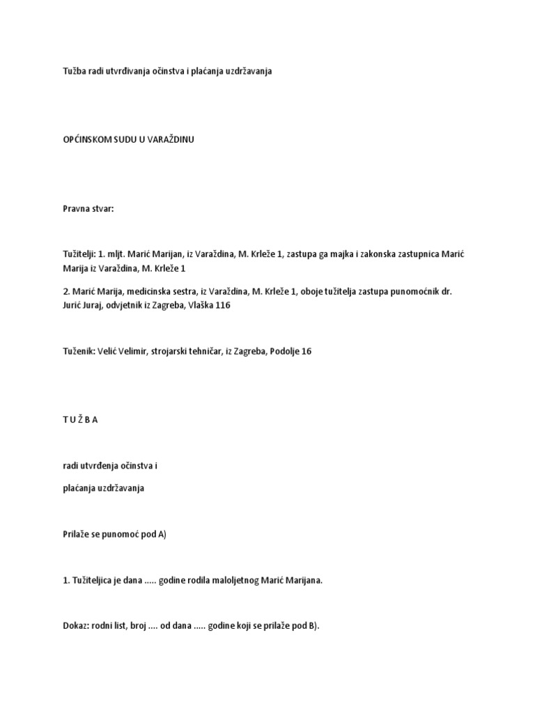 Tužba Za Utvrđivanje Očinstva | PDF