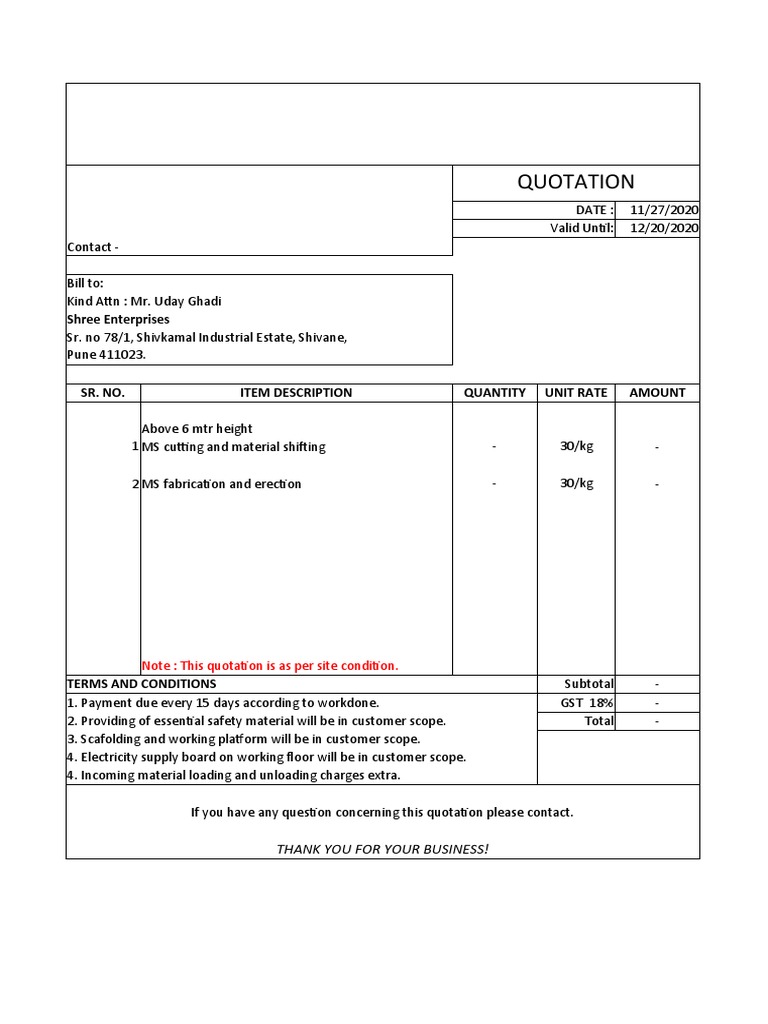 Fabrication Work Quotation Sample | PDF