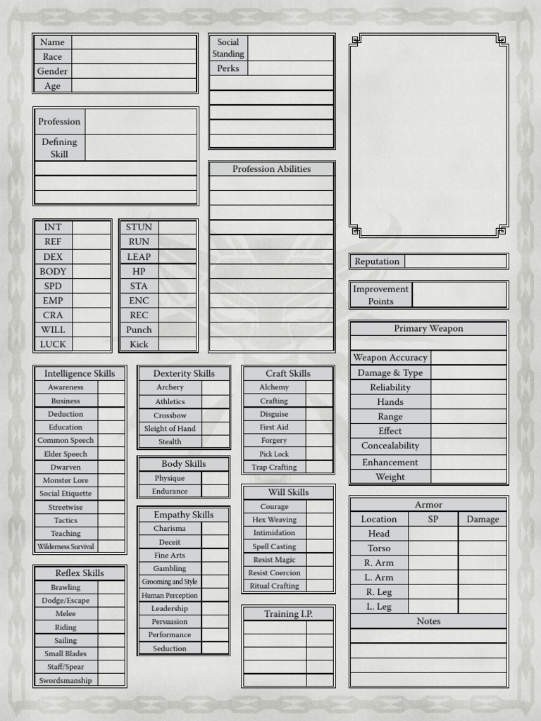 Witcher RPG Character Sheet Template | PDF | Weaponry | Leisure