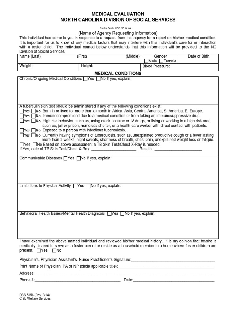 DSS-5156 Medical Evaluation for Foster Care | PDF | Tuberculosis ...