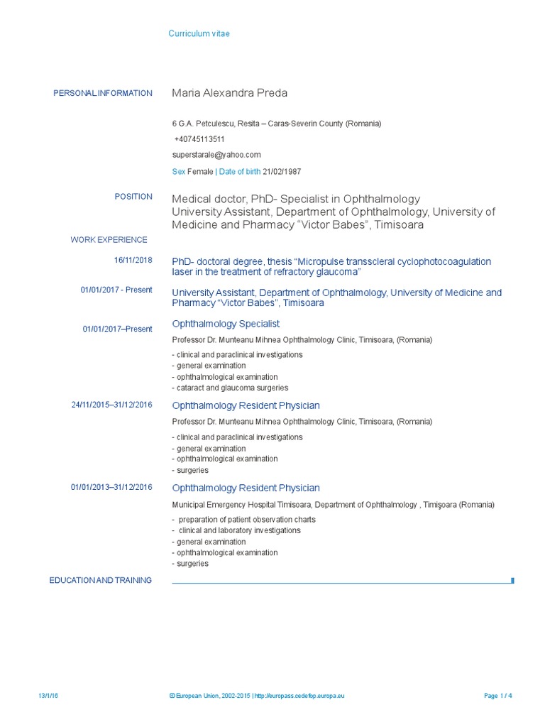 Maria Alexandra Preda Curriculum Vitae PDF Ophthalmology Physician
