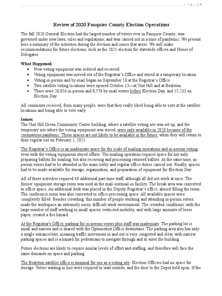 Review of 2020 Fauquier County Election Operations What Happened PDF Voting Parking
