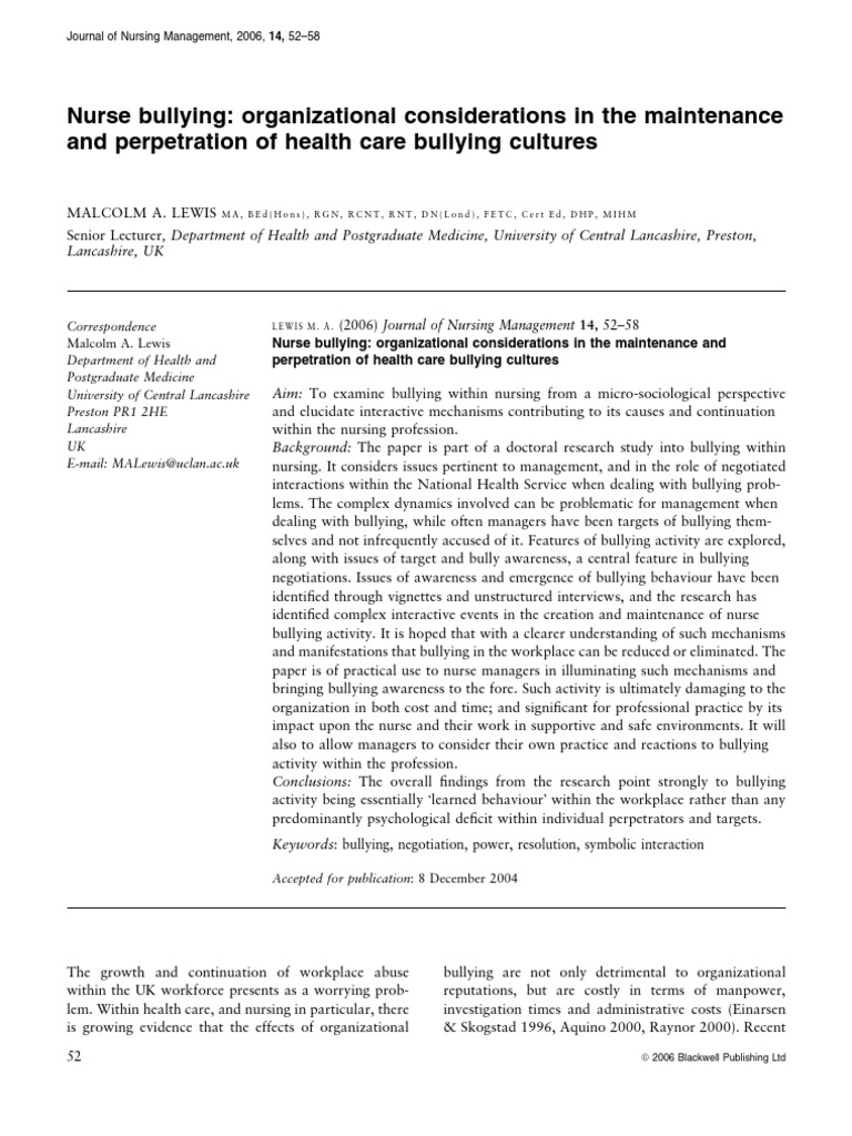 Nurse Bullying Organizational Considerations in The Maintenance and