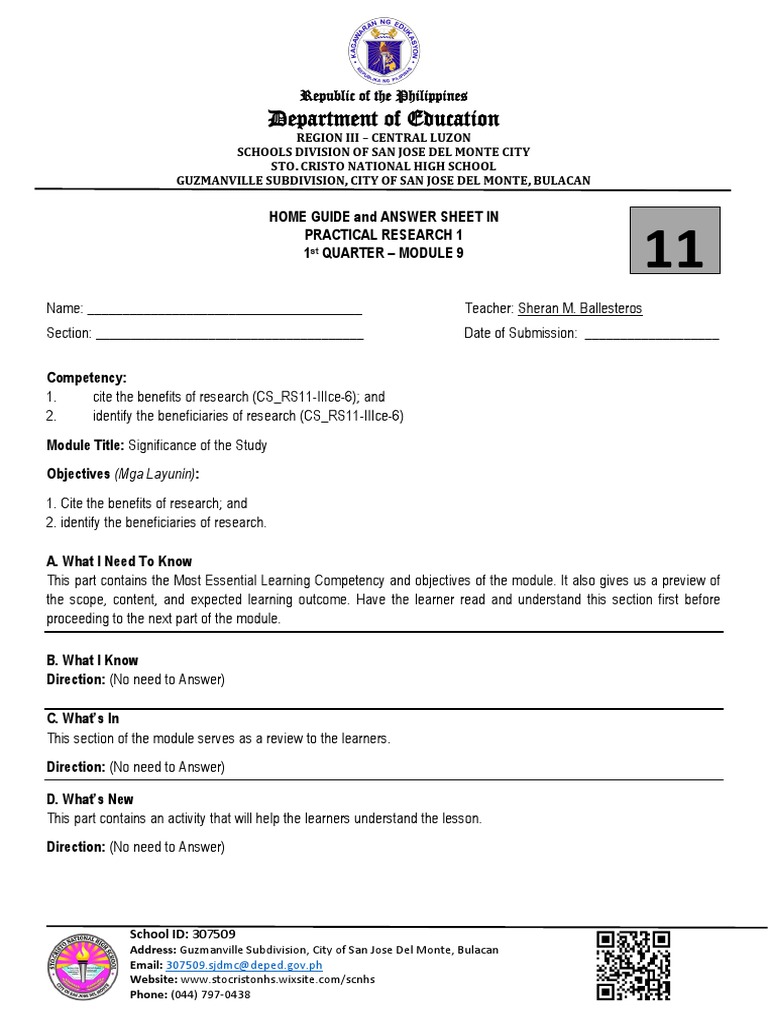 Practical Research 1 Answer Sheet | PDF | Learning | Human Nature