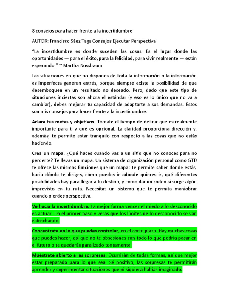 8 Consejos para Hacer Frente A La Incertidumbre | PDF | Incertidumbre ...