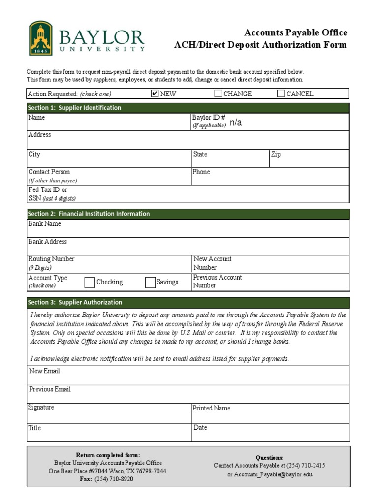 Baylor University Direct Deposit Form | PDF | Accounts Payable | Cheque