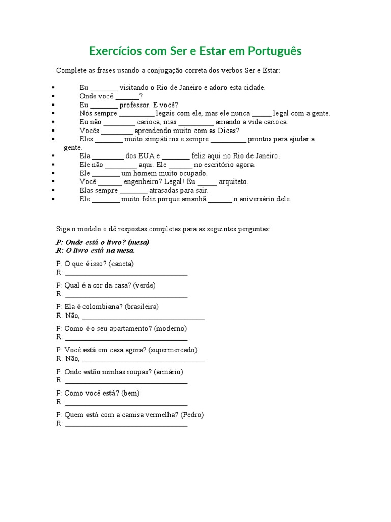 Exercícios Com Ser e Estar em Português | PDF