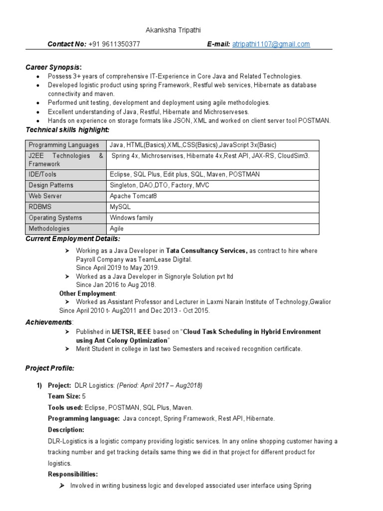 Java Developer with 3+ Years Experience | PDF | Spring Framework ...