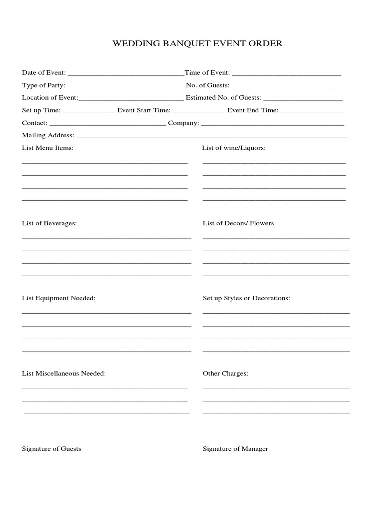 Wedding Banquet Event Order Template | PDF