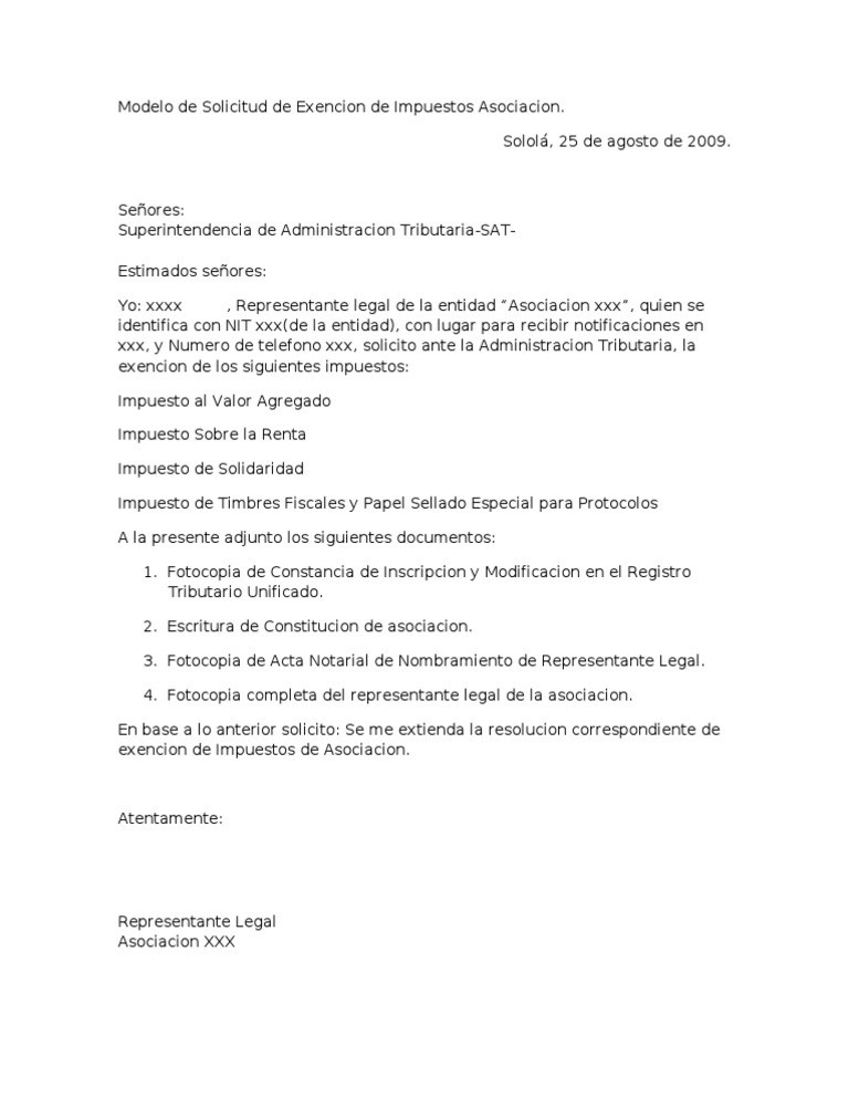 Modelo De Solicitud De Exencion De Impuestos Asociacion Guatemala