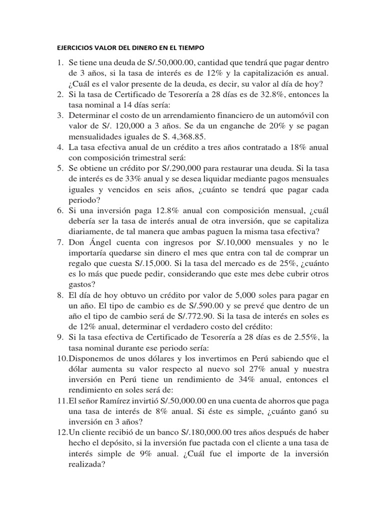 Ejercicios sobre Valor del Dinero en el Tiempo | PDF | Tasas de interés ...