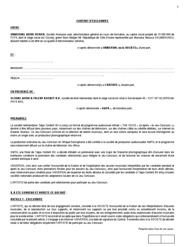 Contrat D Enregistrement Exclusif The Voice Afrique Saison Iii Pdf Business Media De Masse