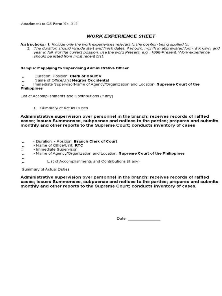 Work Experience Sheet Attachment To CS Form No. 212 PDF