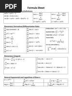 Formula Sheet: Trigonometric Identities/Definitions