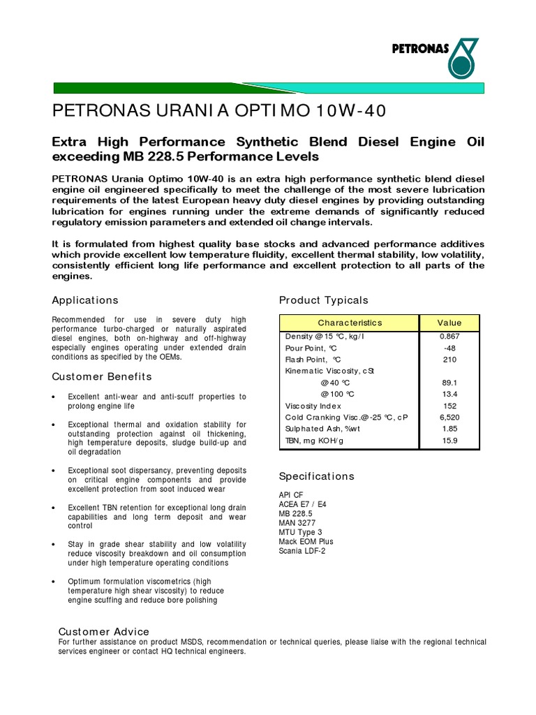 PETRONAS Urania Optimo 10W-40 Overview | PDF | Motor Oil | Liquids