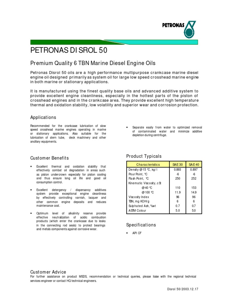 Petronas Disrol 50 Premium Quality 6 TBN Marine Diesel Engine Oils PDF Motor Oil Engines