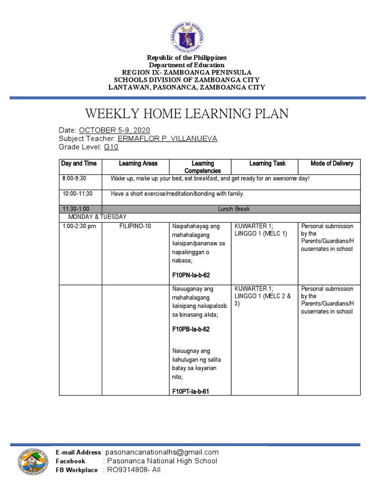 Weekly Home Learning Plan: Date: OCTOBER 5-9, 2020 Subject Teacher ...
