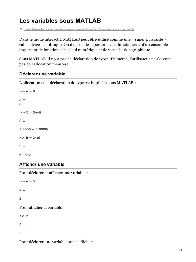 Variables dans MATLAB : Guide pratique | PDF | MATLAB | Variable ...