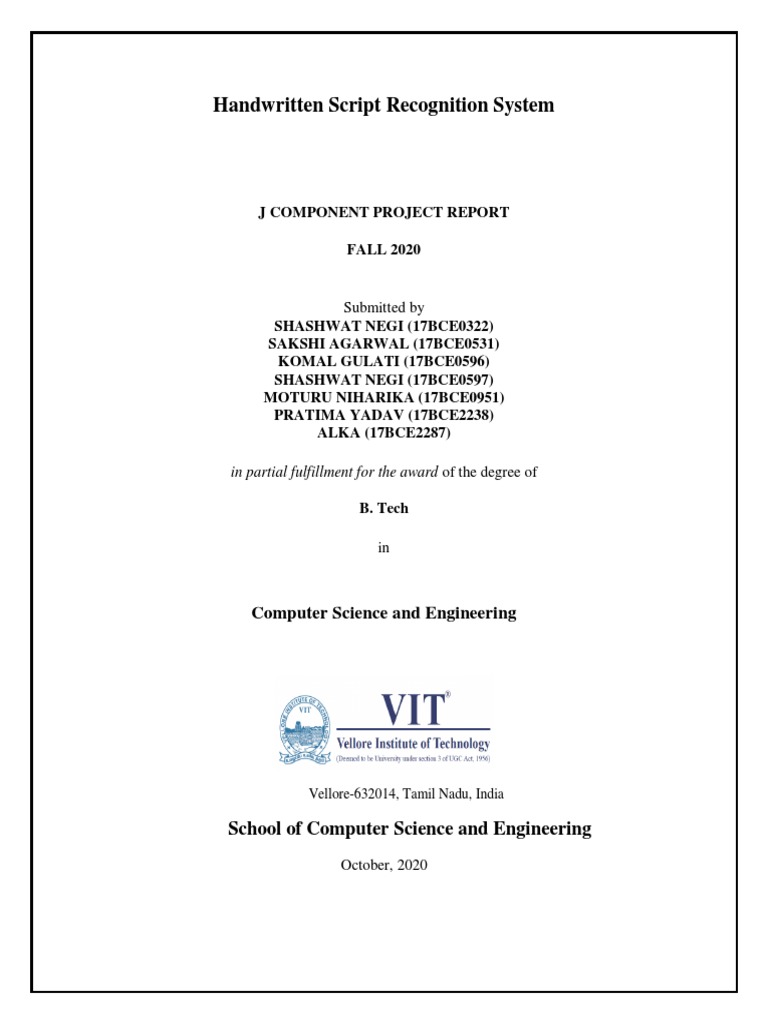 Handwritten Script Recognition System: J Component Project Report FALL ...