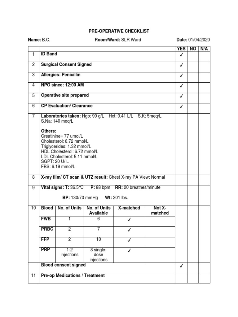 Pre Operative Checklist Sample PDF Cholesterol Medical Specialties