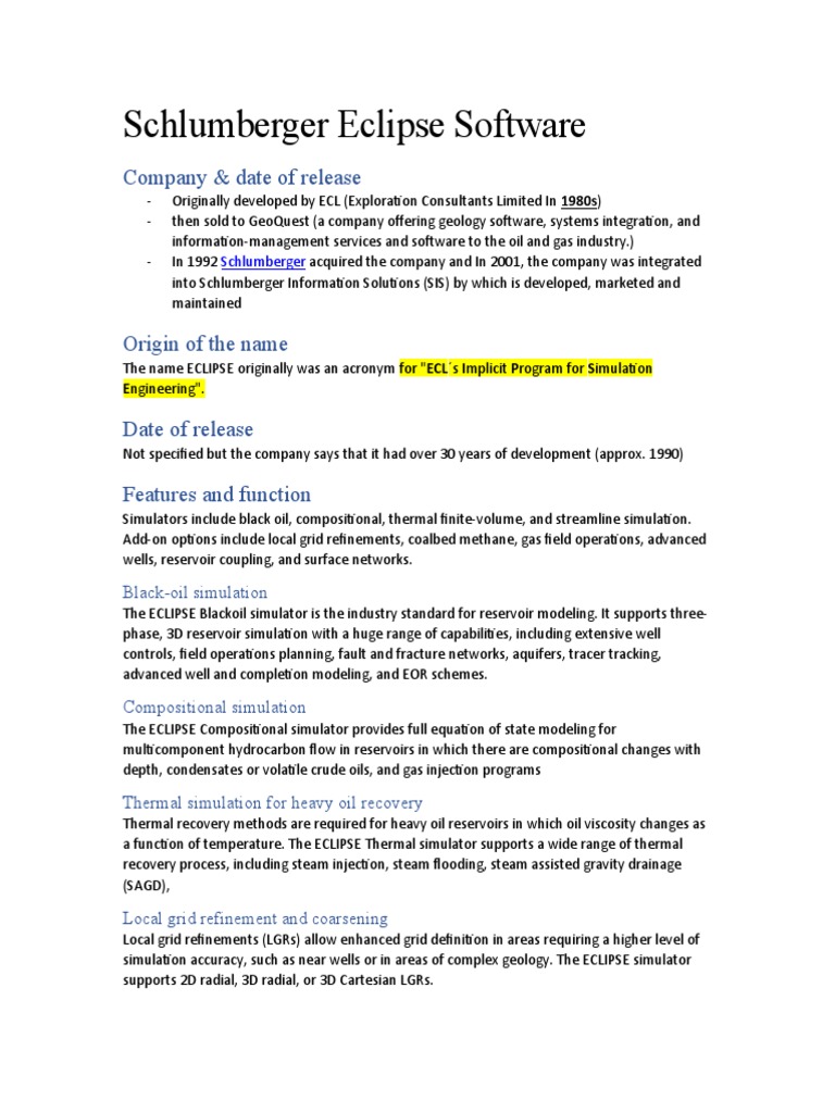 Schlumberger Eclipse Software Overview | PDF | Science & Mathematics