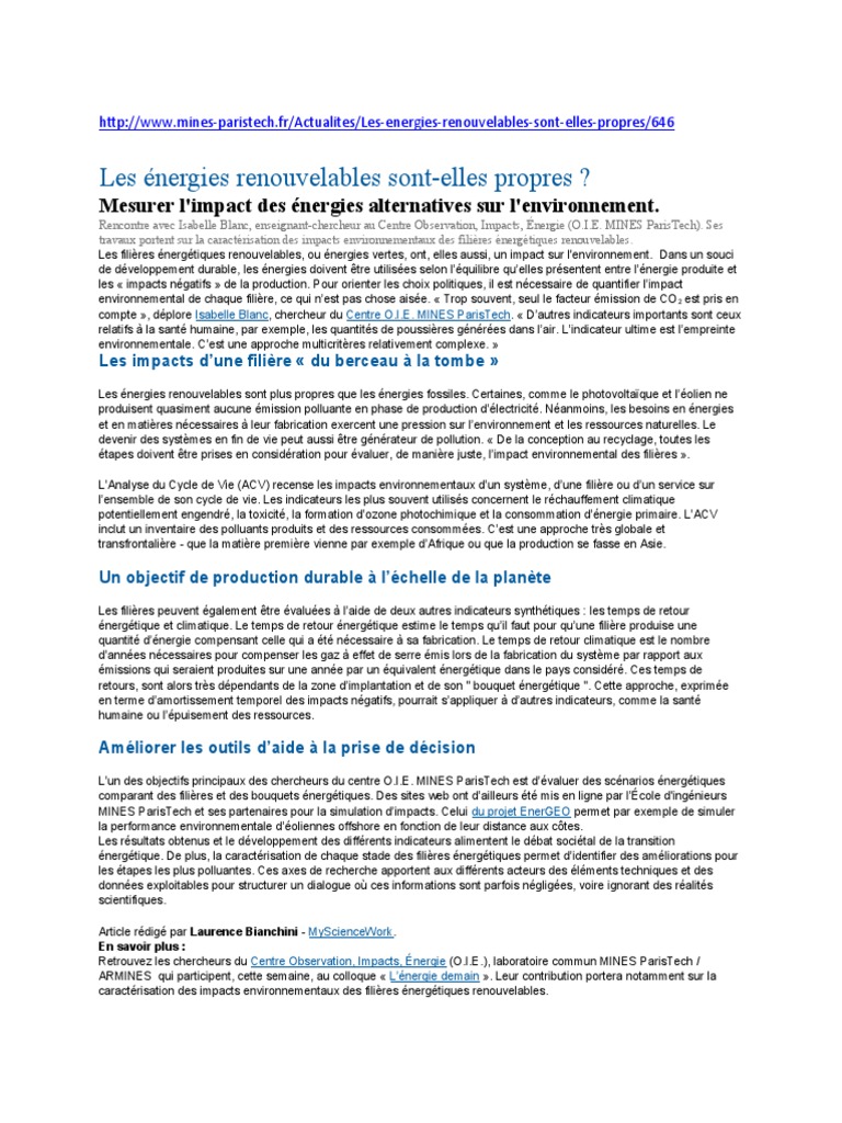 Impact environnemental des énergies renouvelables | PDF | Économie ...