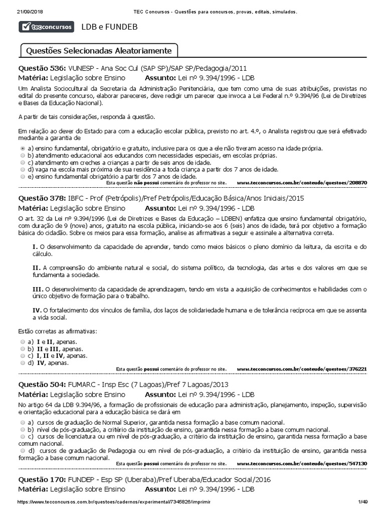 Questões sobre a LDB e Educação Básica | PDF | Educação Especial | Pré ...