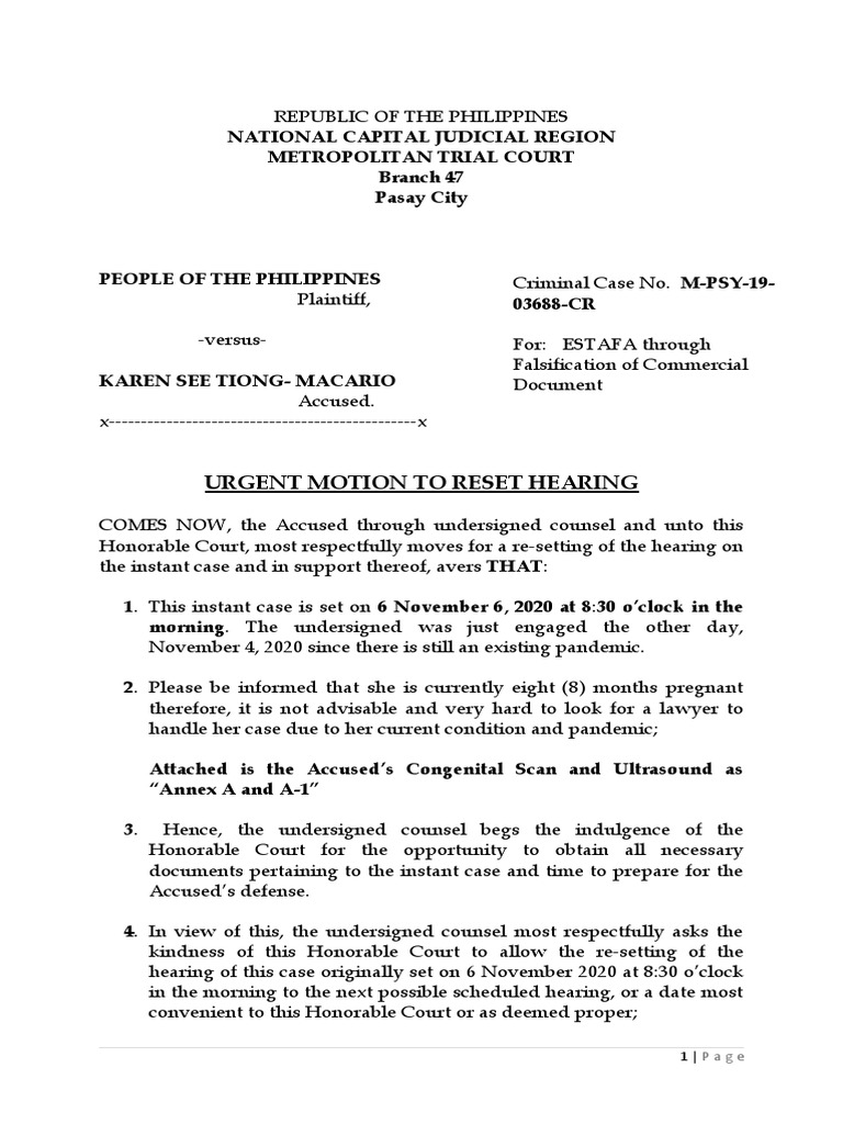 URGENT MOTION TO RESET HEARING See Tiong Macario PDF Legal
