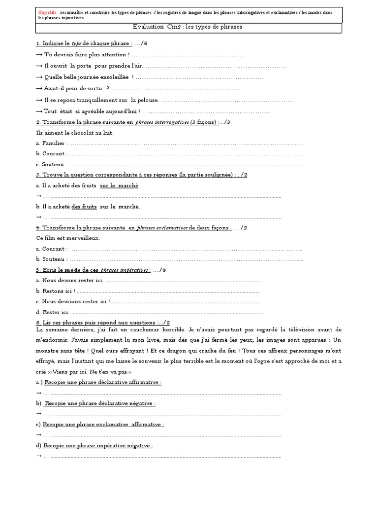 évaluation Types Et Formes De Phrases Cm2 Evaluation Types de Phrases 1 PDF | PDF | Phrase | Mécanique du langage