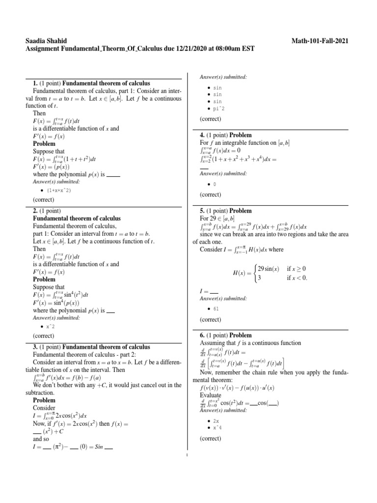 Fundamental Theorem of Calculus Assignment | PDF | Function ...