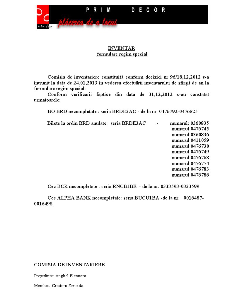 Inventar Formulare Regim Special-Model | PDF